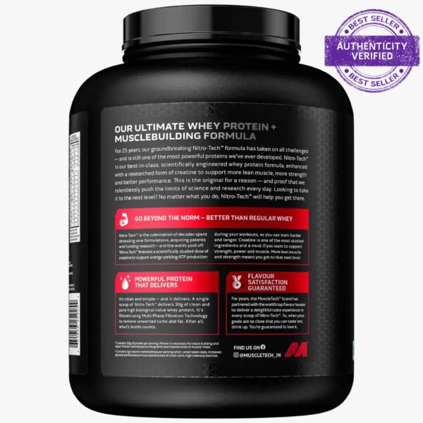 MuscleTech Nitrotech Whey Protein Concentrate Powder, 30g Protein, 3g Creatine, 6.7g BCAA ( 4lbs ) - Image 2
