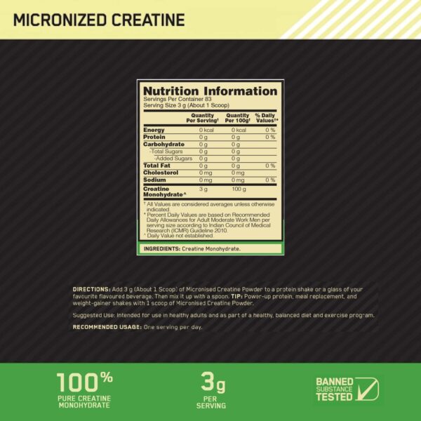 Optimum Nutrition (ON) Micronized Creatine Powder - 250 Gram, 83 Serves, 3g of 100% Creatine Monohydrate per serve - Image 6