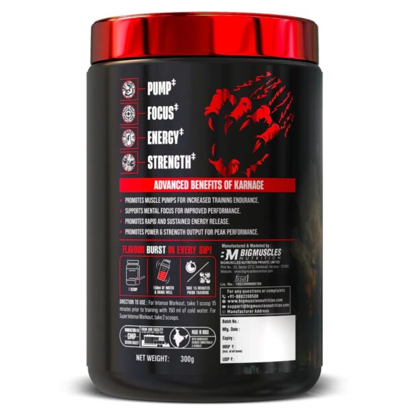 BigMuscles Nutrition Karnage Pre-Workout 300gm pack offering 60 servings - Image 3