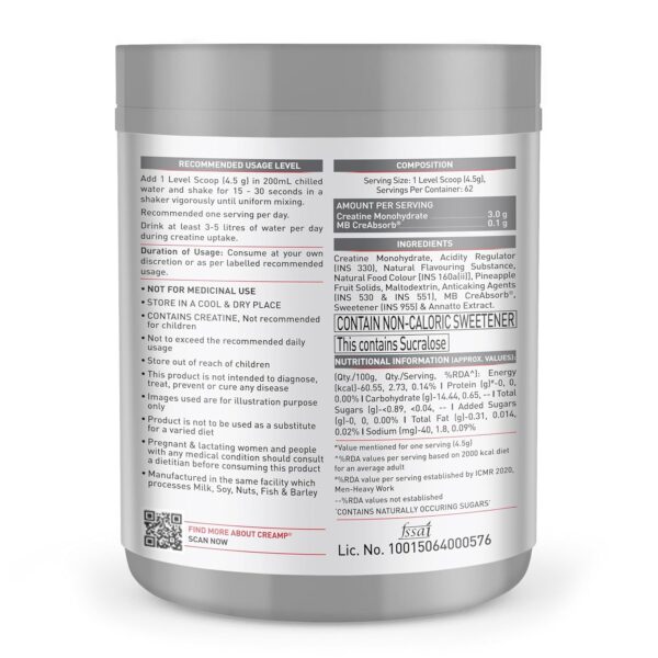 MuscleBlaze Micronised Creatine Monohydrate CreAMP Powder | 62 Servings, 280g | Trustified Certified Creatine - Image 3